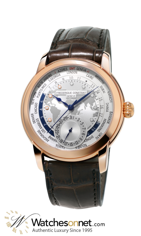 Frederique Constant World Timer  Automatic Men's Watch, 18k Rose Gold Plated, Silver Dial, FC-718WM4H4
