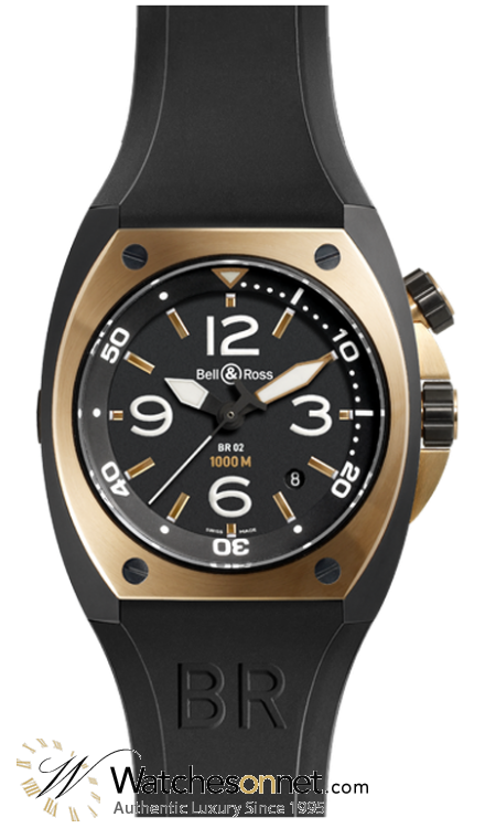 Bell & Ross Marine BR02  Automatic Men's Watch, 18K Rose Gold, Black Dial, BR02-PinkGold-CA