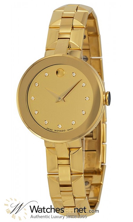 Movado Sapphire  Quartz Women's Watch, Gold Plated, Gold Dial, 606816