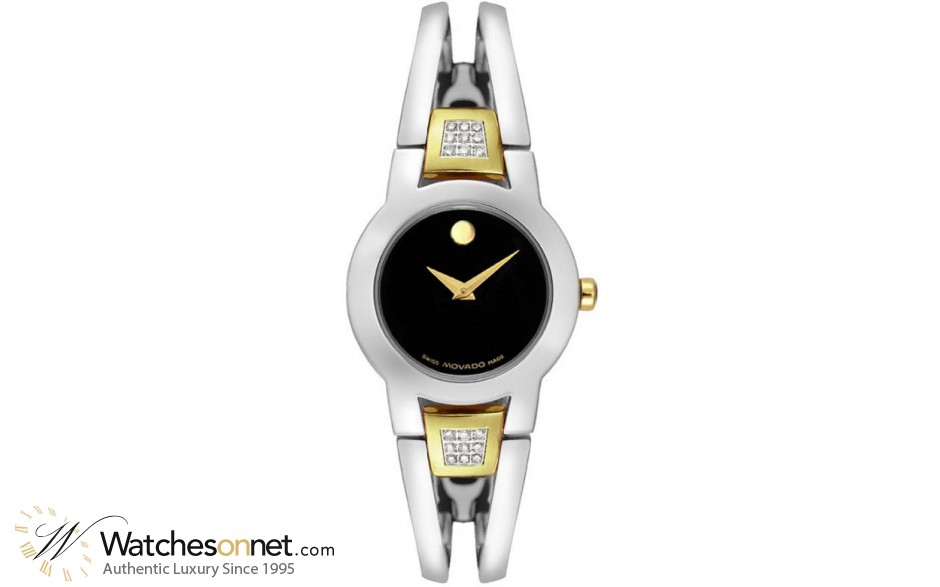 Movado Amorosa  Quartz Women's Watch, Gold Plated, Black Dial, 604983