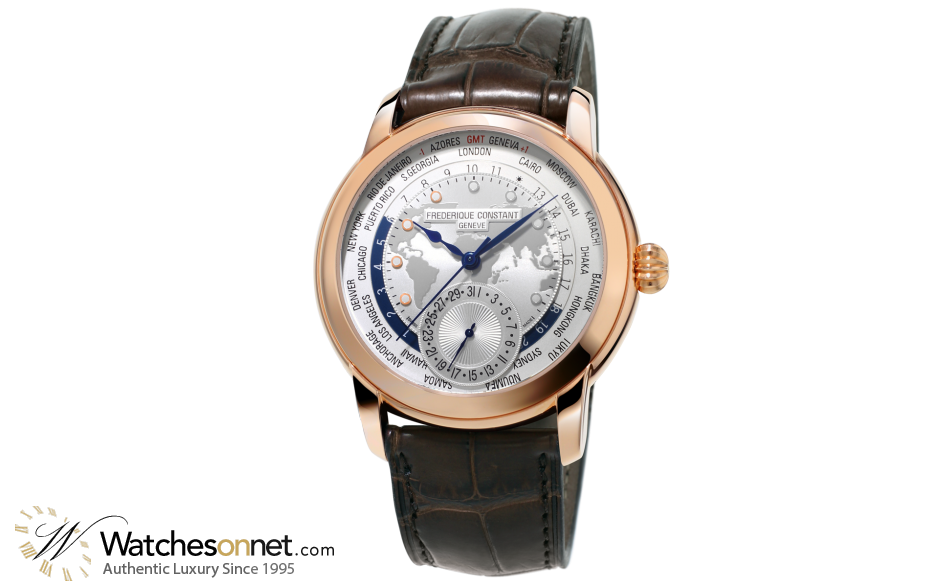 Frederique Constant World Timer  Automatic Men's Watch, 18k Rose Gold Plated, Silver Dial, FC-718WM4H4