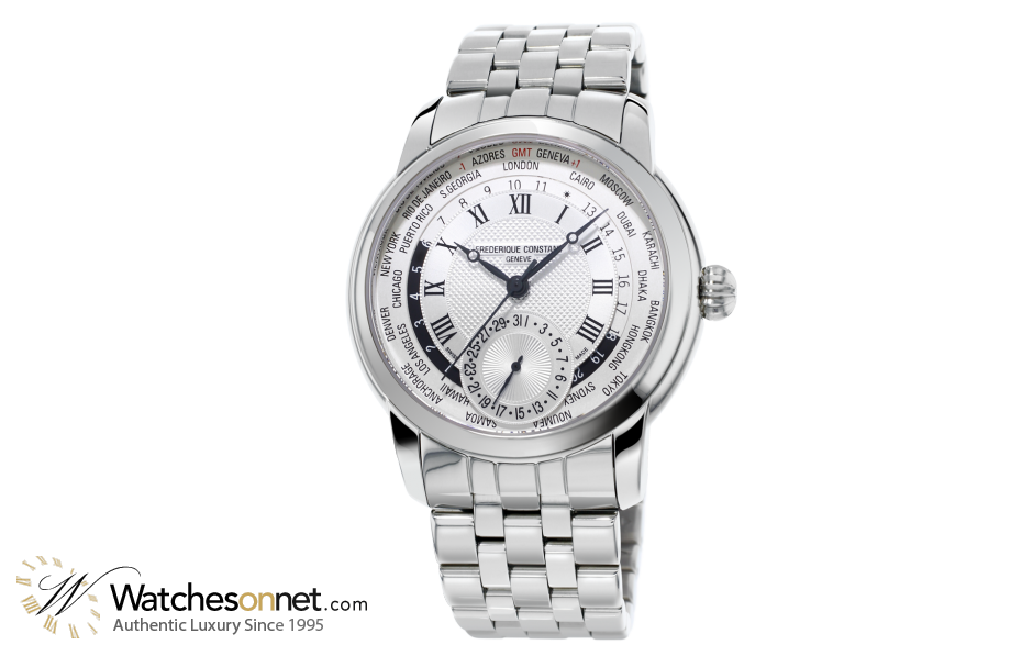 Frederique Constant World Timer  Automatic Men's Watch, Stainless Steel, Silver Dial, FC-718WM4H6B