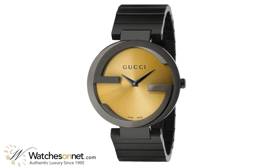 Gucci Interlocking  Quartz Women's Watch, PVD Black Steel, Gold Dial, YA133314