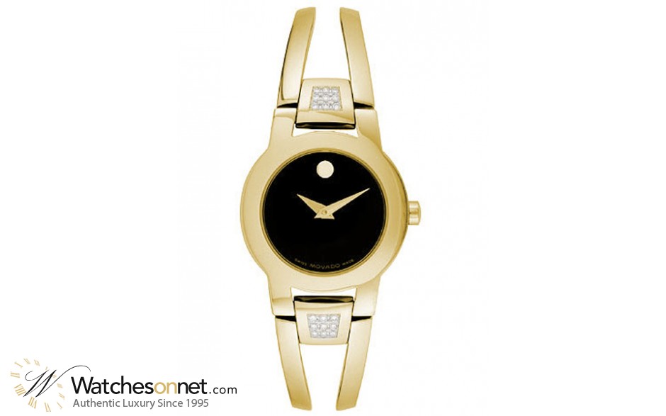 Movado Amorosa  Quartz Women's Watch, Gold Plated, Black Dial, 604984