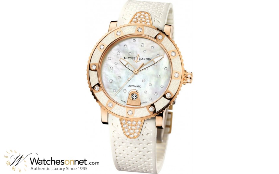 Ulysse Nardin Maxi Marine Diver  Automatic Women's Watch, 18K Rose Gold, White & Diamonds Dial, 8106-101E-3C/20
