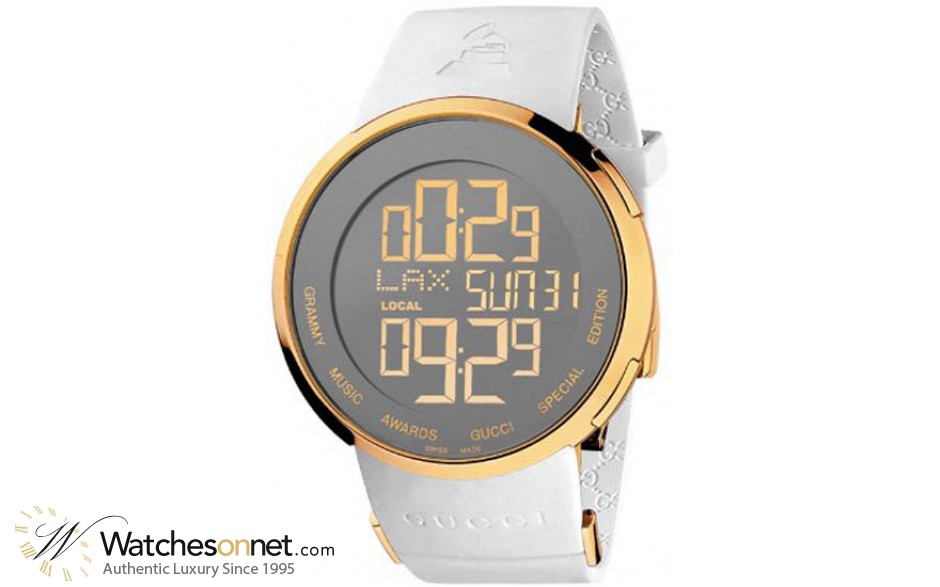 Gucci i-Gucci  Chronograph LCD Display Quartz Men's Watch, Gold Plated, Silver Dial, YA114216